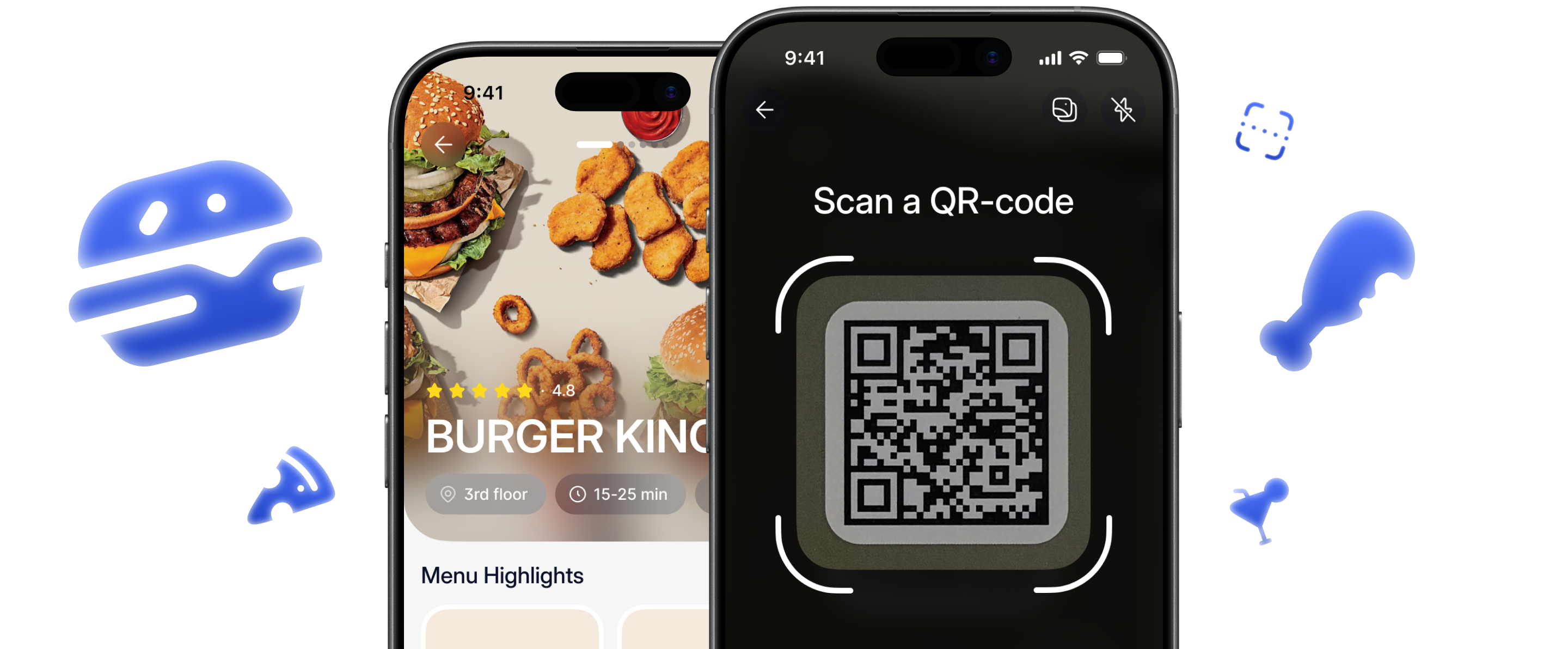 Two phones — QR scan and venue menu